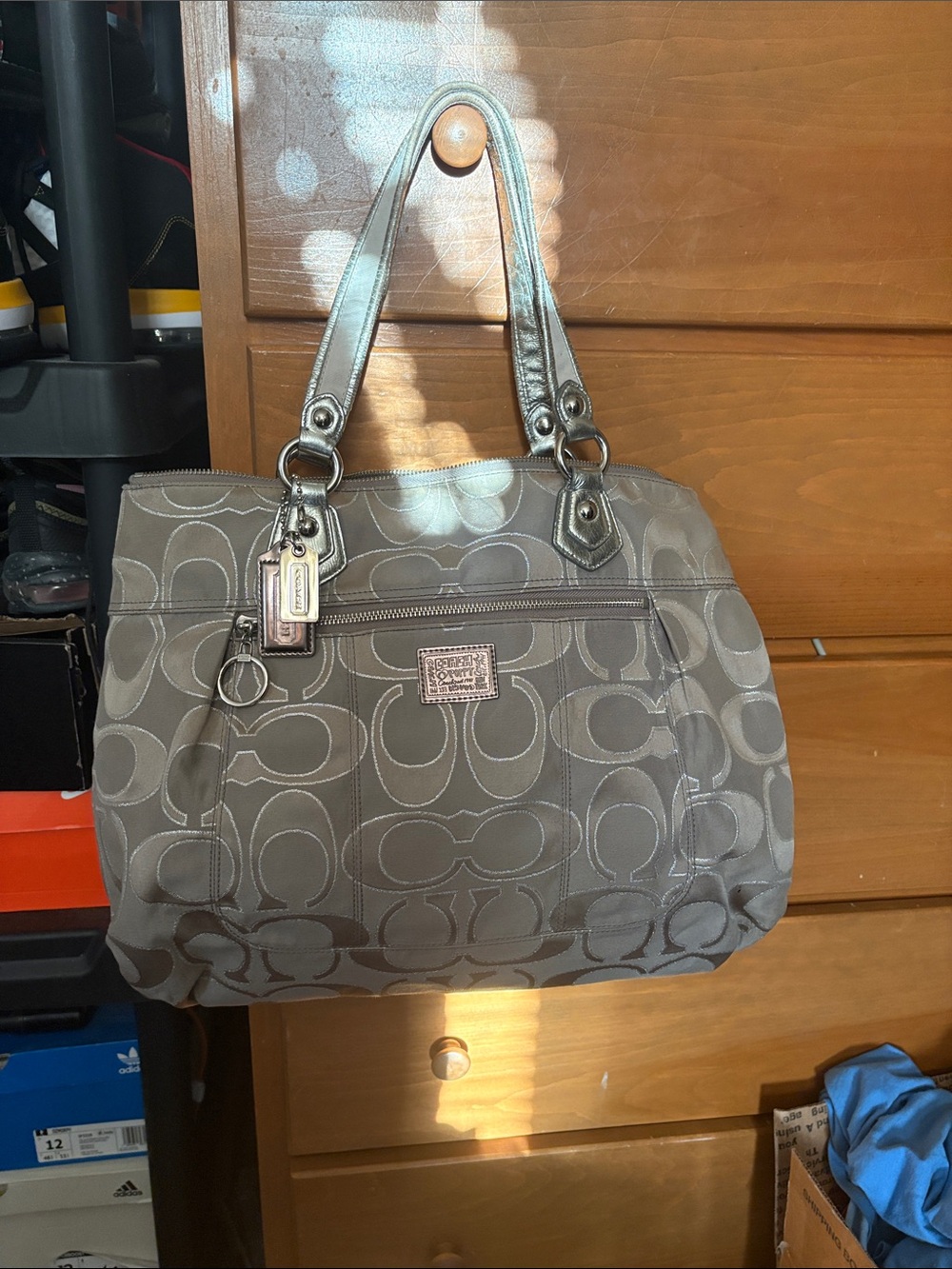 Coach Gray Signature Canvas Shoulder Bag with Leather Trim